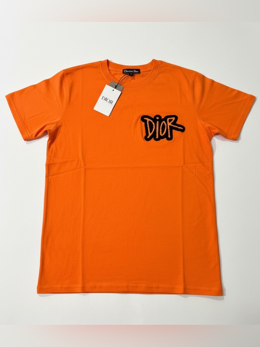 Dior Orange Short-Sleeve Tee with Black Script Logo